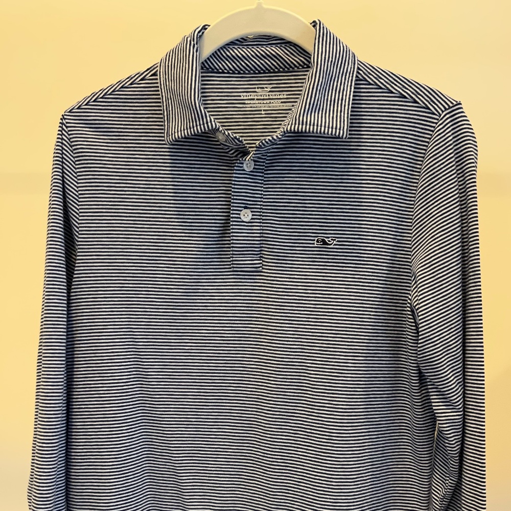 Boys Vineyard Vines Long Sleeve Blue/White Striped Polo (size L (14))